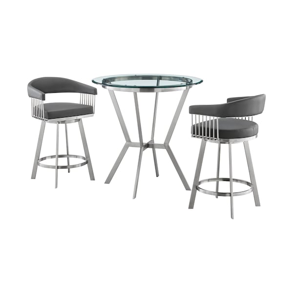 Armen Living Naomi and Chelsea 3-Piece Counter Height Dining Set in Brushed Stainless Steel and Gray Faux Leather SETNMCHGRBS3 - main